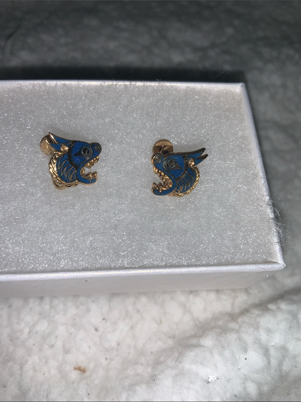 MMA Gold  Tone Blue Enamel Chinese Dragon Clip-On Earrings
Vintage 1977 MMA